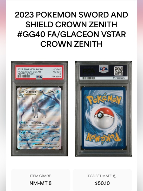 Pokemon Other - Pokémon Glaceon VSTAR Crown Zenith PSA Graded Holo Card - 8